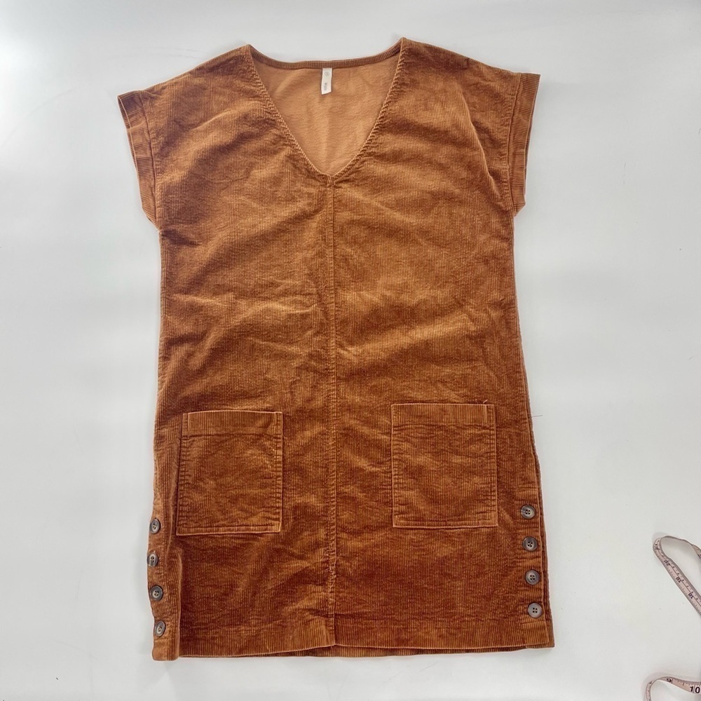 [Wishlist] Rust Brown Side Button V-Neck Corduroy Short Sleeve Shirt Dress Small